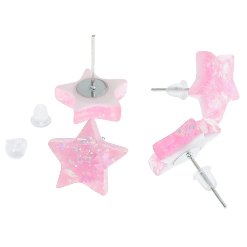 Resin Earrings - Pink Sequin Star Studs - 14mm - 2 Pieces 1 Pair - ER380