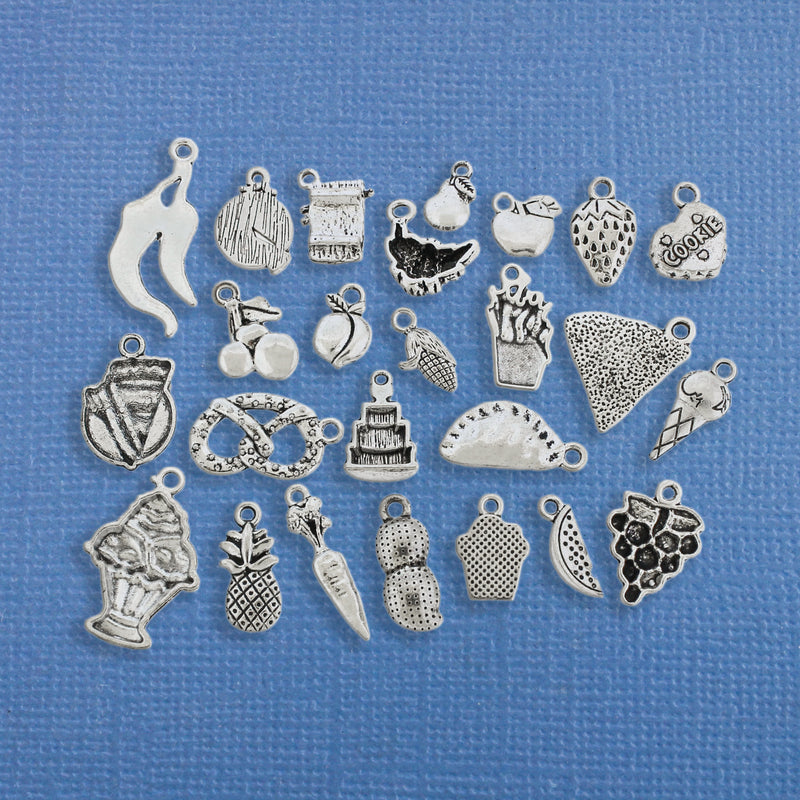 Deluxe Food Charm Collection Antique Silver Tone 25 Different Charms - COL193