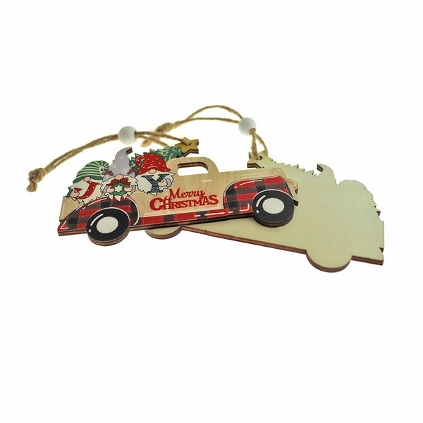 Merry Christmas Gnomes in Car Natural Wood Charm - WP308