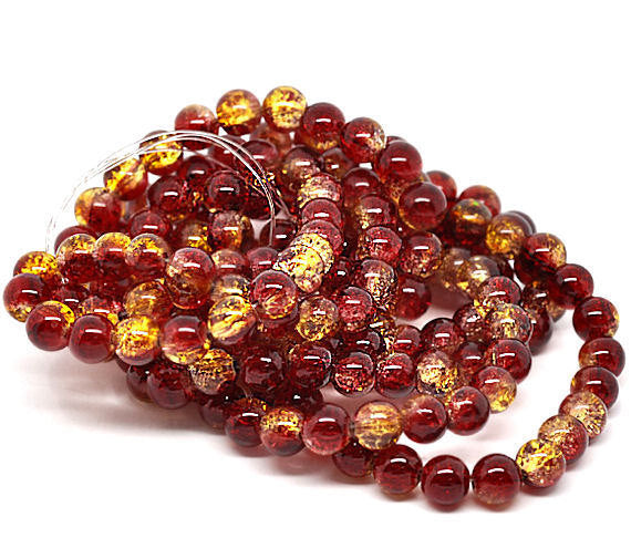 Perles de Verre Rondes 10mm - Craquelé Rouge et Jaune - 1 Rang 85 Perles - BD052