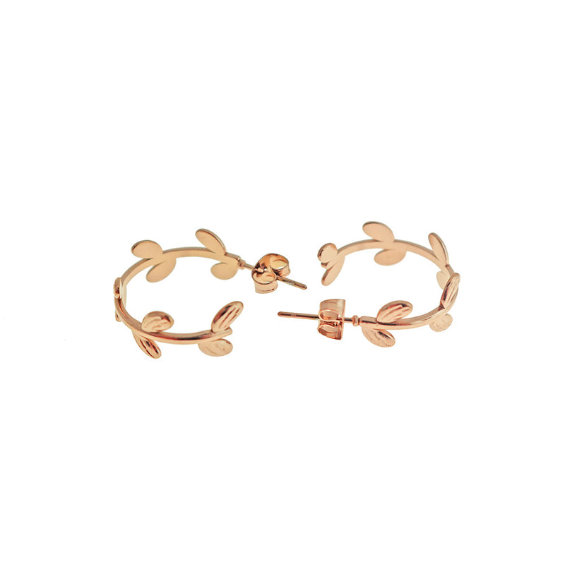 Rose Gold Tone Stainless Steel Earrings - Vine Hoop Studs - 22mm x 8mm - 2 Pieces 1 Pair - ER846