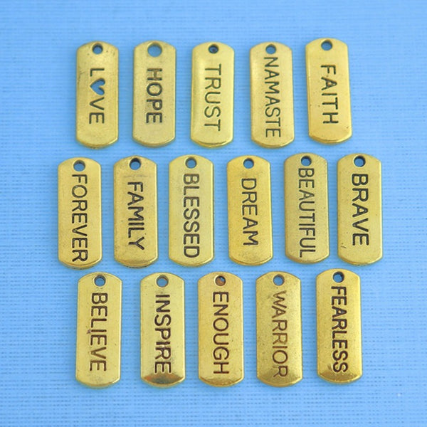 Word Charm Collection Antique Gold Tone 16 Charms Tag différents - COL350