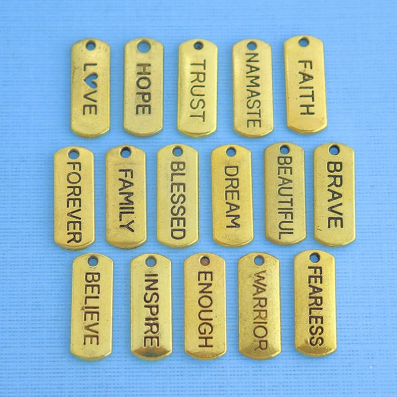 Word Charm Collection Antique Gold Tone 16 Different Tag Charms - COL350