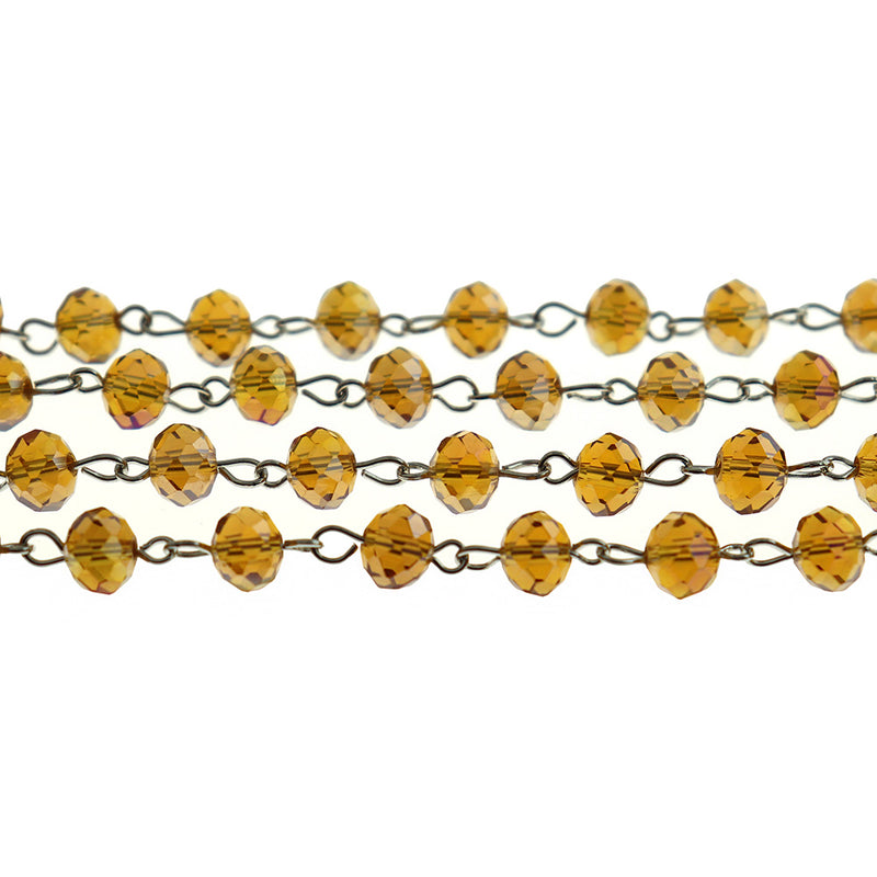 BULK Beaded Rosary Chain - 8mm Rondelle Amber Glass & Silver Tone - 3.3ft or 1m - RC048