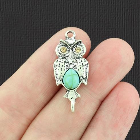 2 Owl Connector Silver Tone Charms with Imitation Turquoise - SC8099