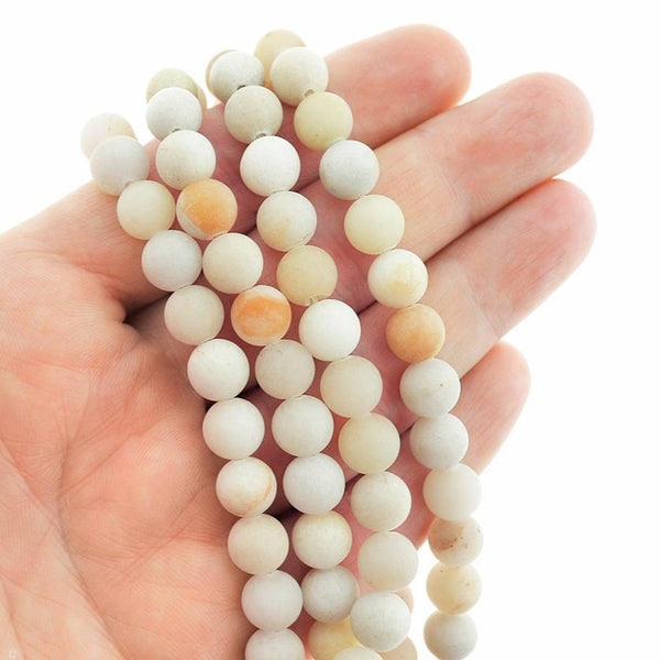 Perles rondes en jade naturel 8 mm - Beige sable givré - 1 rang 46 perles - BD277
