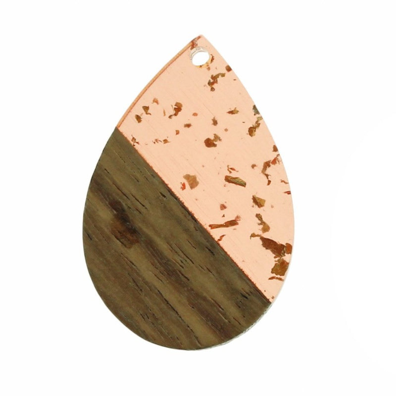 SALE Teardrop Natural Wood and Pale Pink and Gold Resin Charm 35mm - WP320