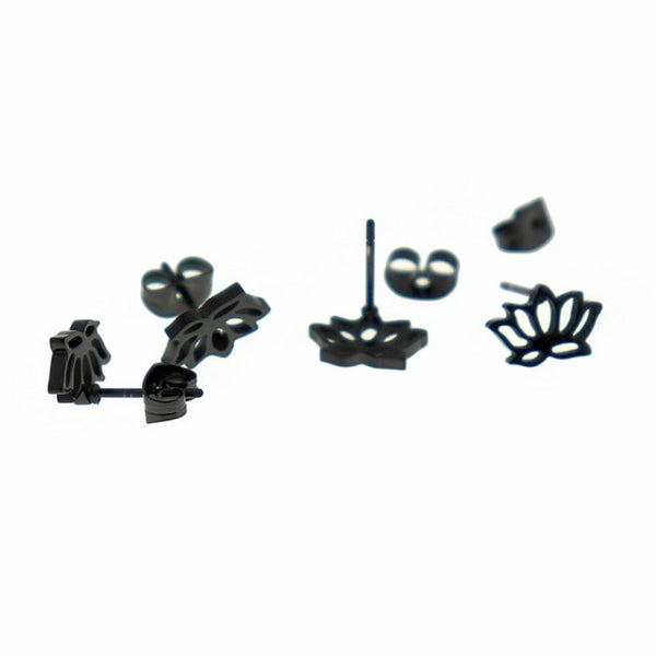 Gunmetal Black Stainless Steel Earrings - Lotus Flower Studs - 10mm x 8mm - 2 Pieces 1 Pair - ER467