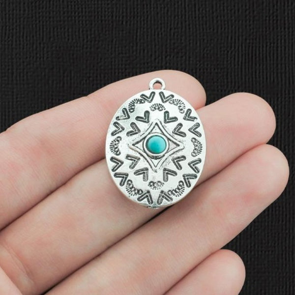2 Oval Antique Silver Tone Charms with Imitation Turquoise - SC3519