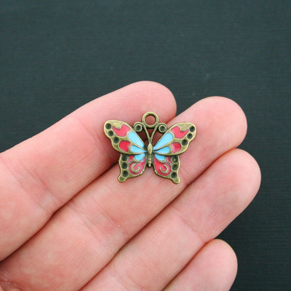 2 Butterfly Antique Bronze Tone Enamel Charms - BC595