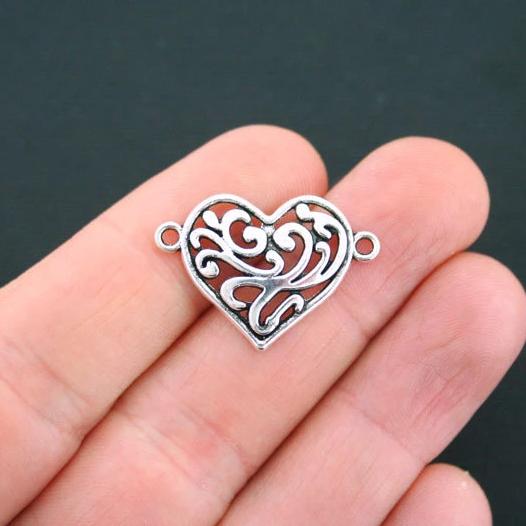 6 Heart Connector Antique Silver Tone Charms - SC3174