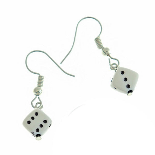 Acrylic White Dice Earrings - Silver Tone French Hook Style - 2 Pieces 1 Pair - ER512