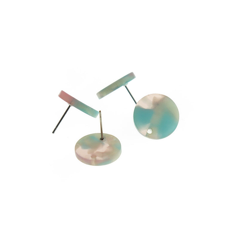Resin Stainless Steel Earrings - Pastel Cotton Candy Swirl Studs With Hole - 15.5mm x 2.5mm - 2 Pieces 1 Pair - ER482