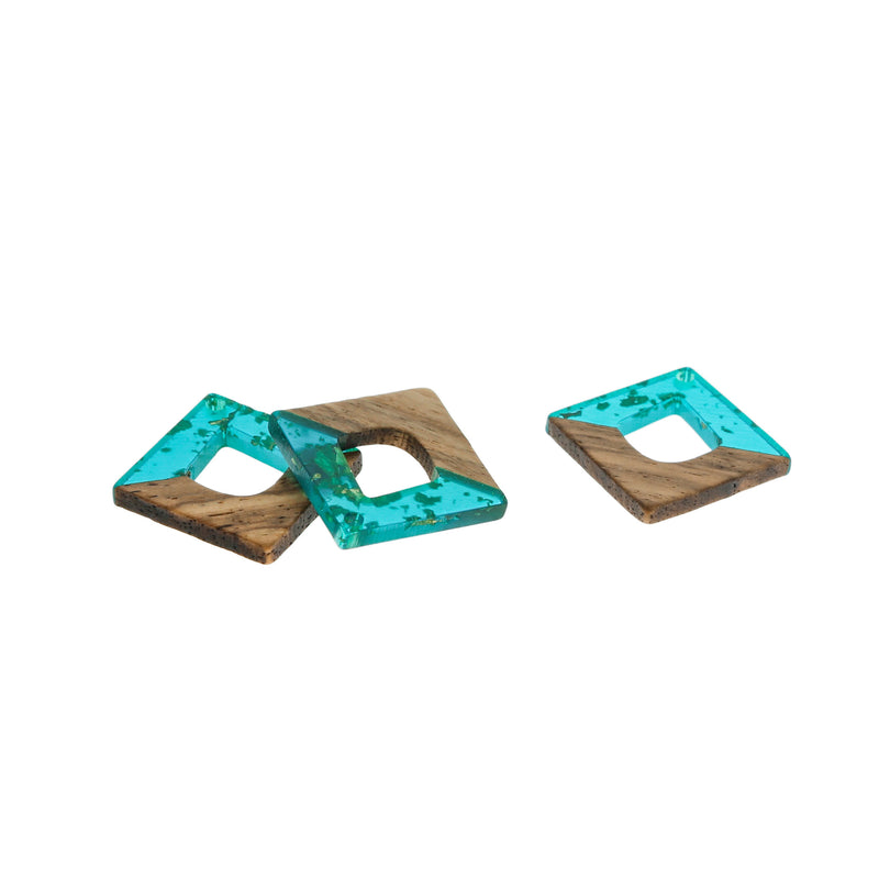 2 Rhombus Natural Wood and Blue and Gold Resin Charms 27mm - WP381