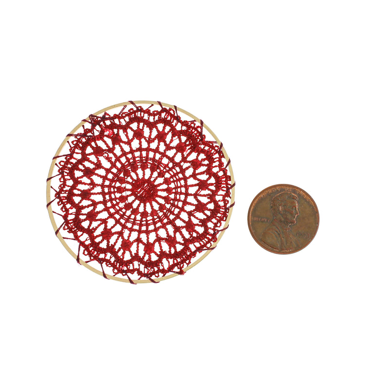 2 pendentifs en dentelle rouge rubis avec fleur en dentelle tissée - TSP219-H