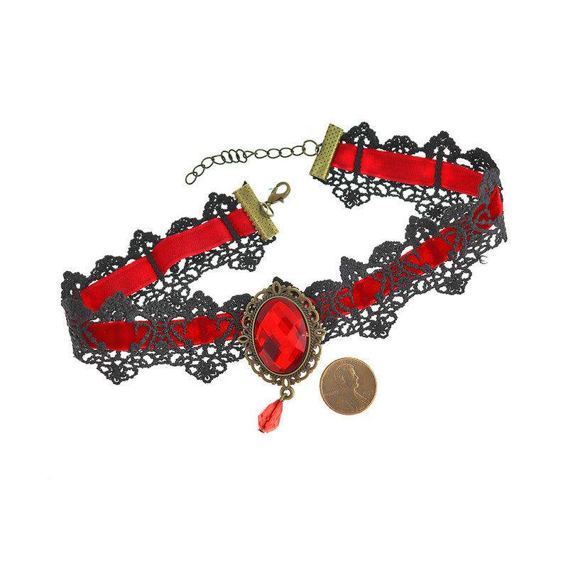 Collier ras du cou en polyester rouge avec pendentif en strass 13" plus prolongateur - 4 mm - 1 collier - N395