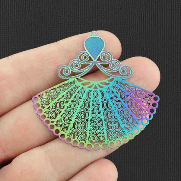 2 Filigree Fan Rainbow Electroplated Stainless Steel Charms - SSP173