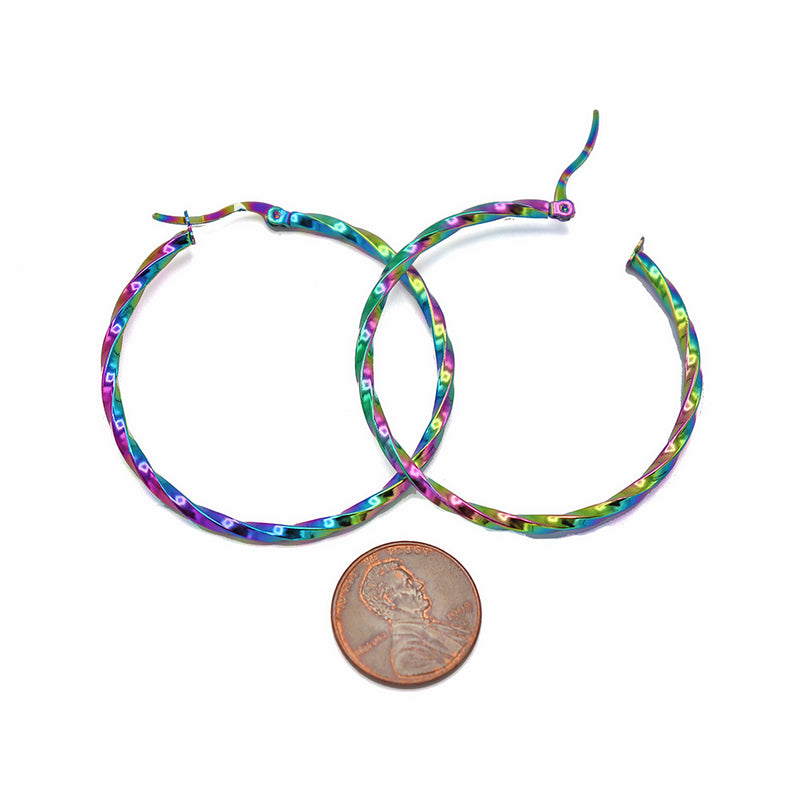 Rainbow Electroplated Stainless Steel Earrings - Twisted Hoop - 49mm x 45mm - 2 Pieces 1 Pair - FD918