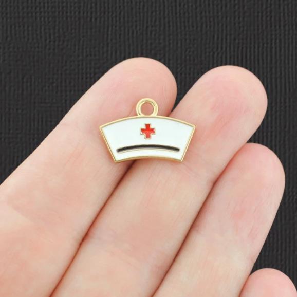 4 breloques en émail doré avec bonnet d'infirmière - E849