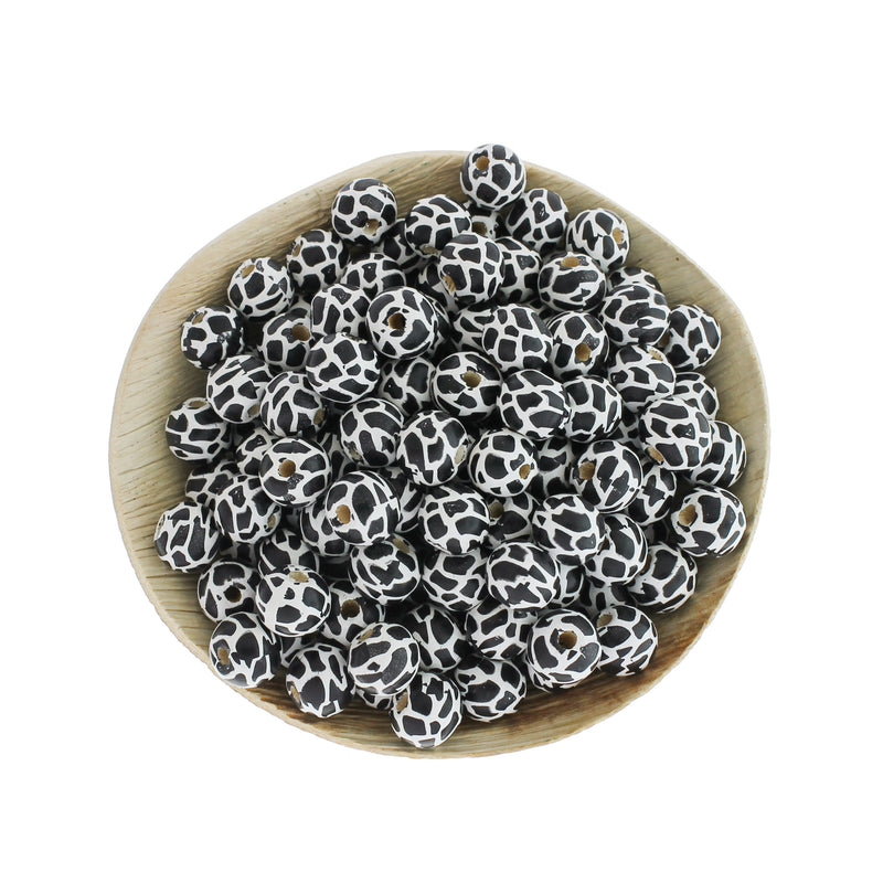 Round Wood Beads 10mm - Cow Print - 10 Beads - BD715