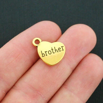 6 Breloques Brother Heart Antique Gold Tone 2 faces - GC493