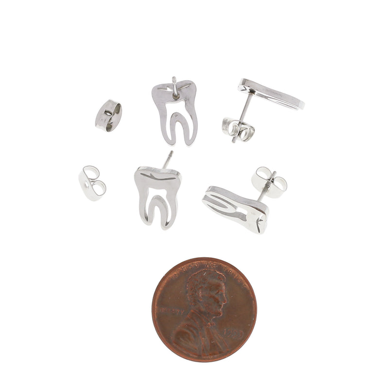 Stainless Steel Earrings - Tooth Studs - 13mm x 9mm - 1 Pair - Choose Your Tone!