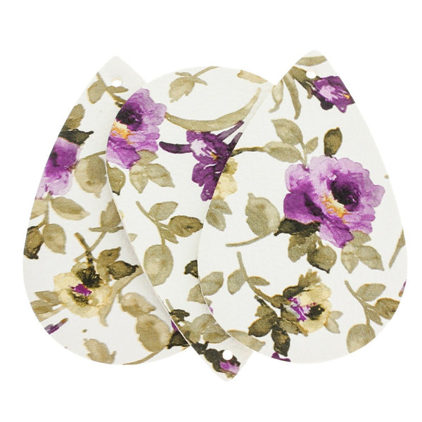 Imitation Leather Teardrop Pendants - Purple Flower - 4 Pieces - LP193