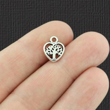 BULK 100 Heart Tree Antique Silver Tone Charms 2 Sided - SC1994