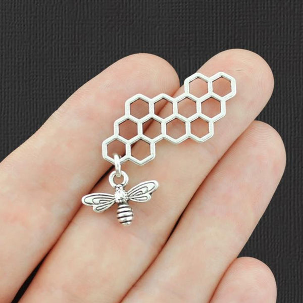 2 Honeycomb Bee Antique Silver Tone Charms - SC5972