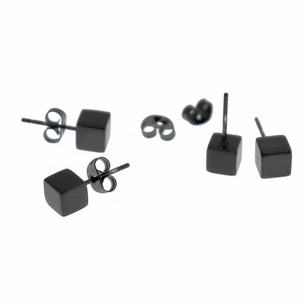 Gunmetal Black Stainless Steel Earrings - Square Cube Studs - 6mm - 2 Pieces 1 Pair - ER519