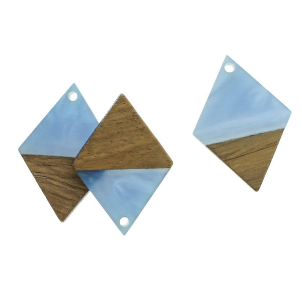 2 Rhombus Natural Wood and Blue Resin Charms 34mm - WP220