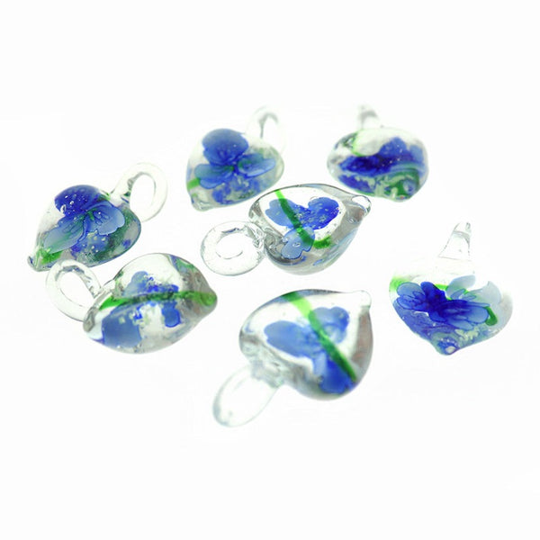 Blue Floral Lampwork Glass Pendant 3D - Z468