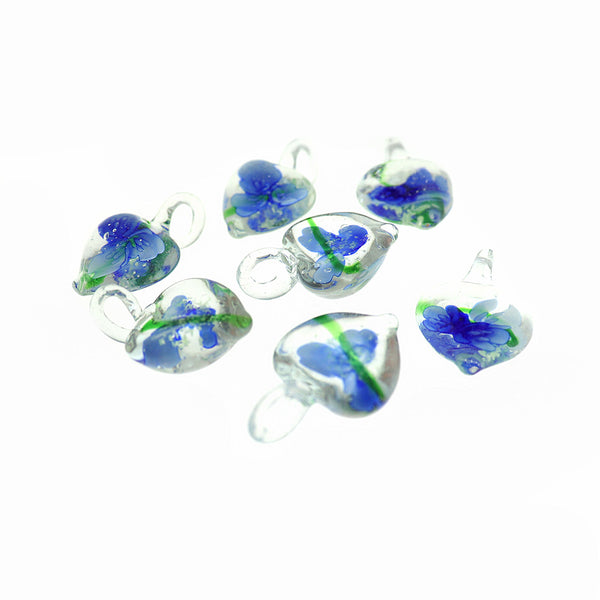 BULK 5 Blue Floral Lampwork Glass Pendants 3D - Z468