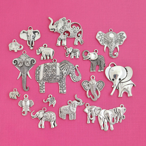 Elephant Charm Collection Antique Silver Tone 17 Charms - COL373H