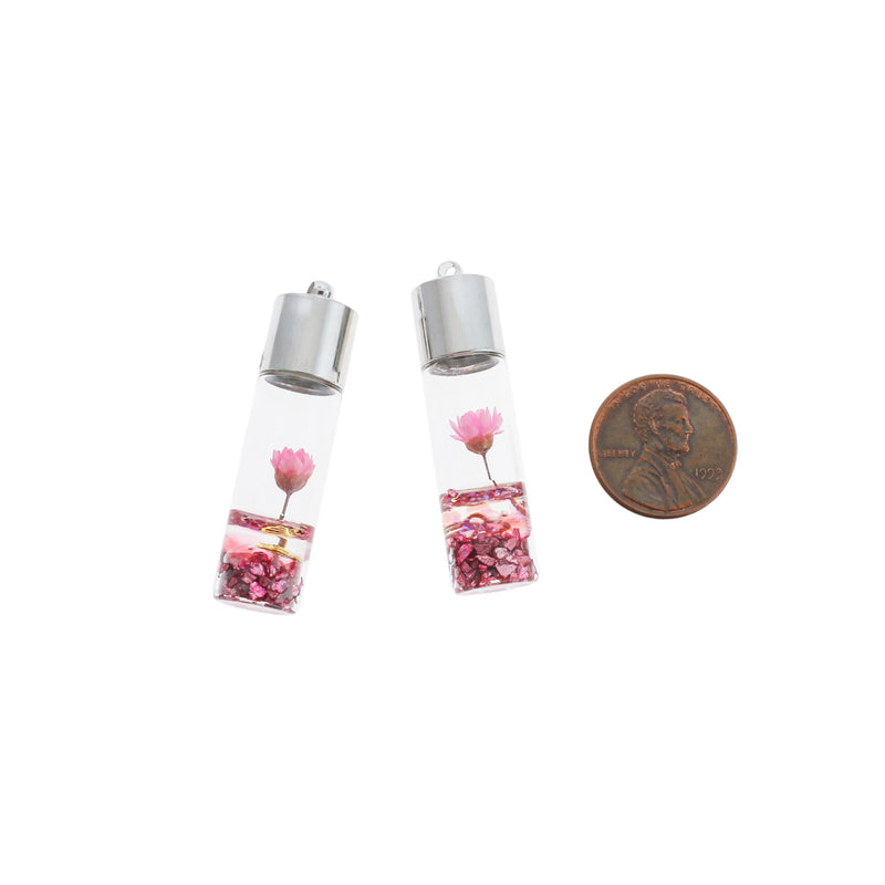 2 pendentifs bouteille de souhaits en verre floral rose 3D - Z1058