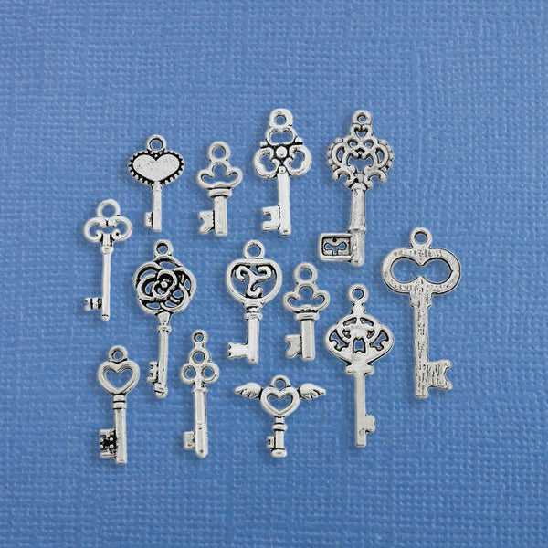 Key Charm Collection Antique Silver Tone 13 Different Charms - COL236
