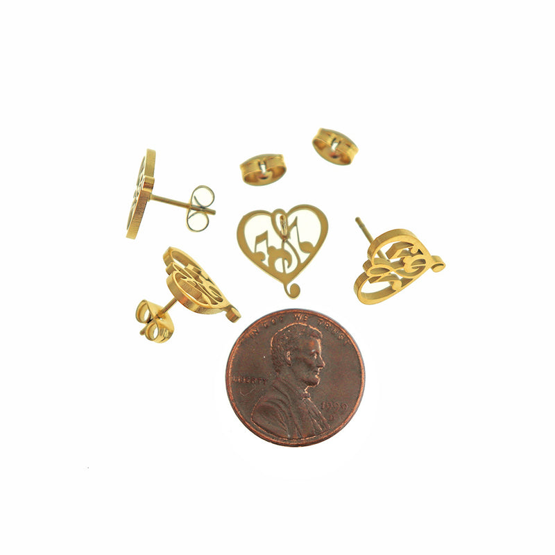 Gold Tone Stainless Steel Earrings - Music Note Heart Studs - 13mm - 2 Pieces 1 Pair - ER821