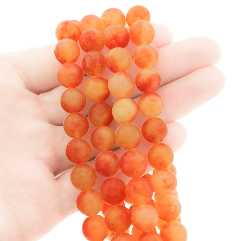 Round Natural Jade Beads 10mm - Frosted Fiery Orange - 1 Strand 38 Beads - BD356