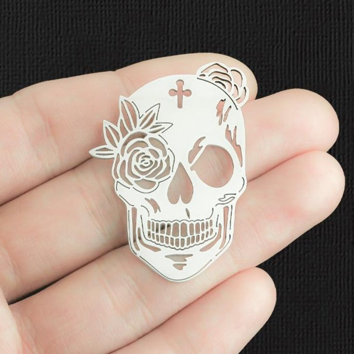 Floral Skull Stainless Steel Charm 2 Sided - SSP443