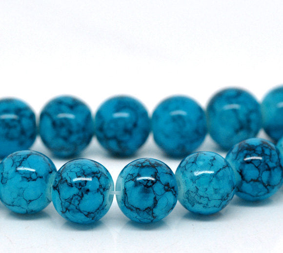 Round Glass Beads 10mm - Turquoise and Midnight Marble - 1 Strand 85 Beads - BD002
