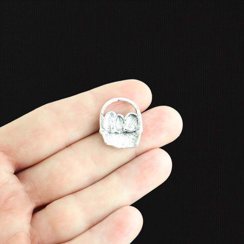 6 Easter Basket Antique Silver Tone Charms - SC976