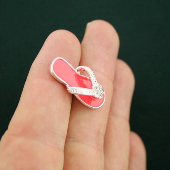 SALE Flip Flop Silver Tone Enamel Charm with Inset Rhinestones - E186