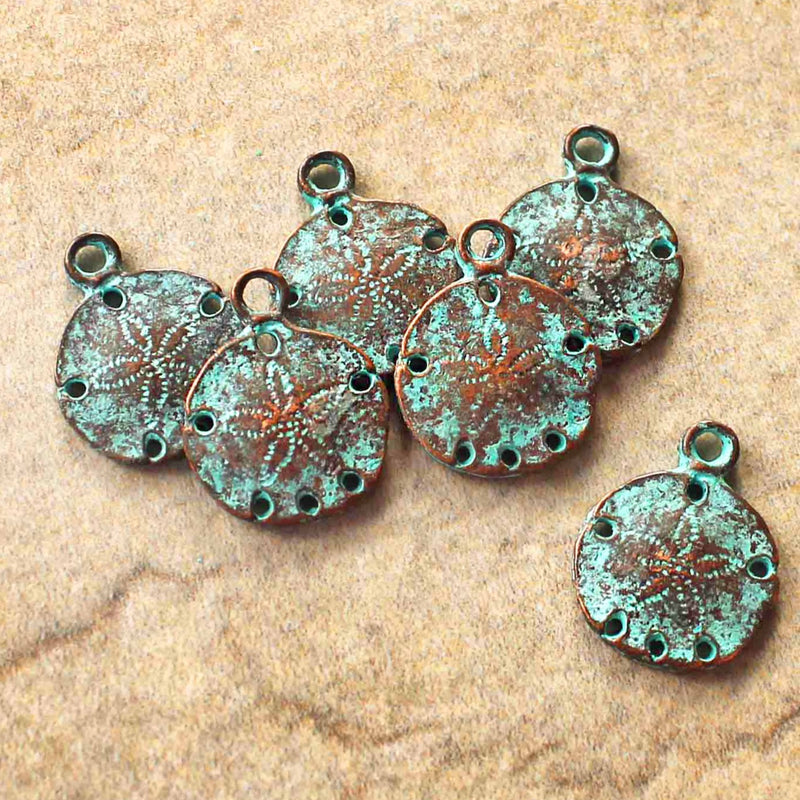 2 Sand Dollar Antique Copper Tone Mykonos Charms with Green Patina - BC1564