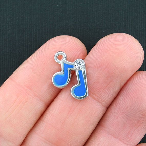 SALE 6 Music Note Silver Tone Enamel Charms  with Inset Rhinestone - E151