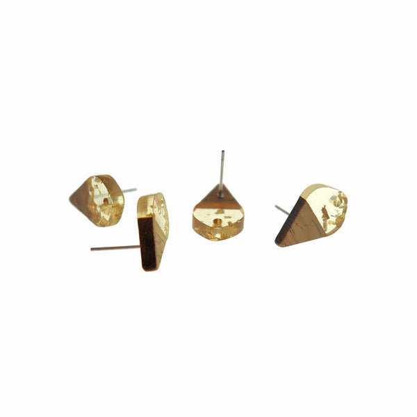 Wood Stainless Steel Earrings - Clear with Gold Flake Resin Teardrop Studs - 17.5mm x 11mm - 2 Pieces 1 Pair - ER657