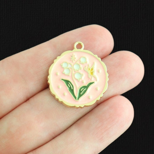 2 Lily of the Valley Flower with Butterfly Gold Tone Enamel Charms - E1595