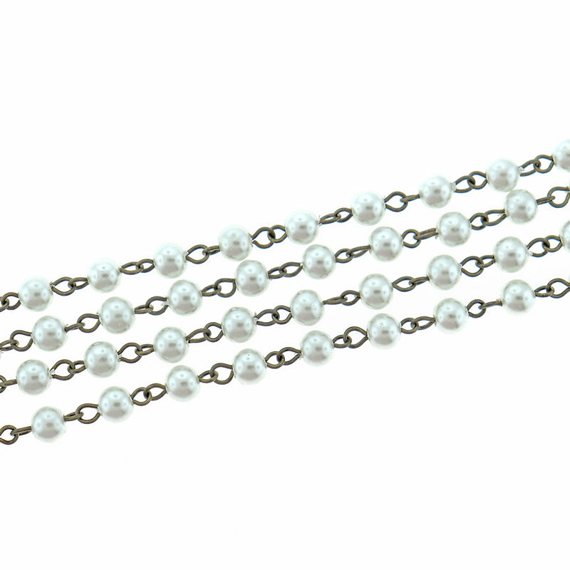BULK Beaded Rosary Chain - 6mm White Pearl Glass & Antique Bronze Tone - 3.3ft or 1m - RC033