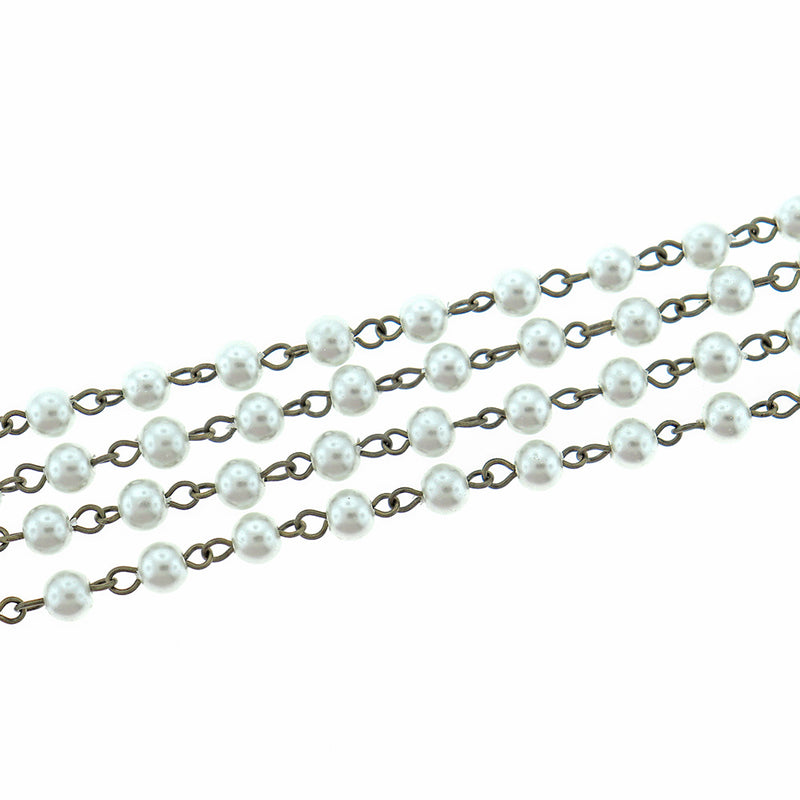 BULK Beaded Rosary Chain - 6mm White Pearl Glass & Antique Bronze Tone - 3.3ft or 1m - RC033
