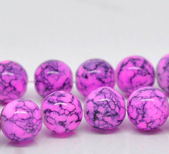 Round Glass Beads 10mm - Fuschia and Navy Marble - 1 Strand 80 Beads - BD043