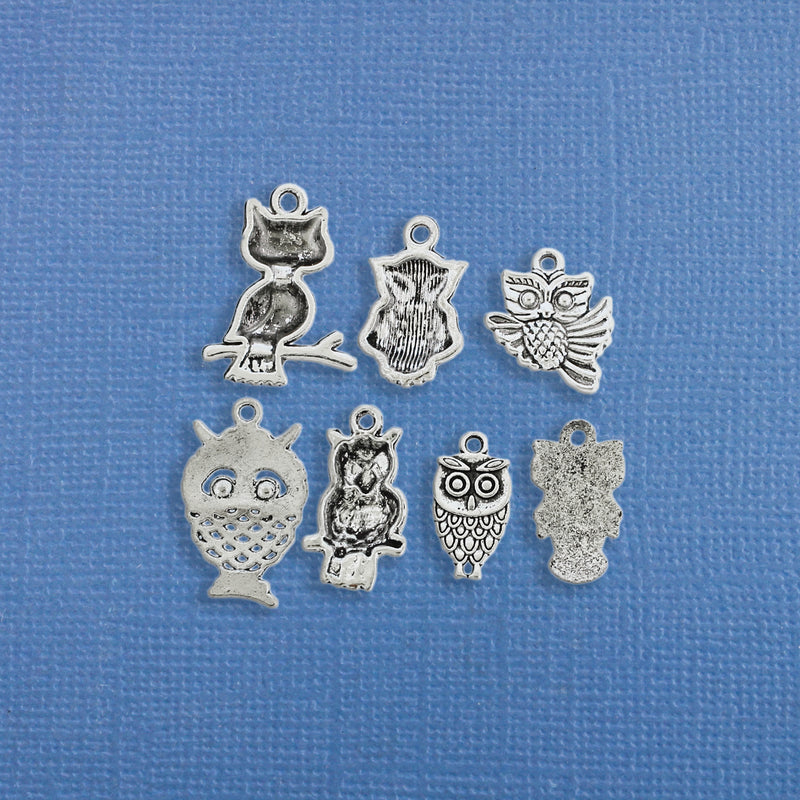 Owl Charm Collection Antique Silver Tone 7 Different Charms - COL238